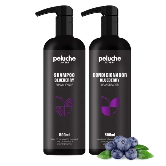 Shampoo Pet Branqueador Blueberry + Condicionador 500ml Pelos Claros Cães Gatos Peluche