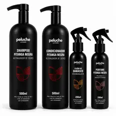 Kit Banho Cachorro Peluche Pitanga Negra 4 Itens Shampoo Condicionador Desembaraçador Damasco Perfume