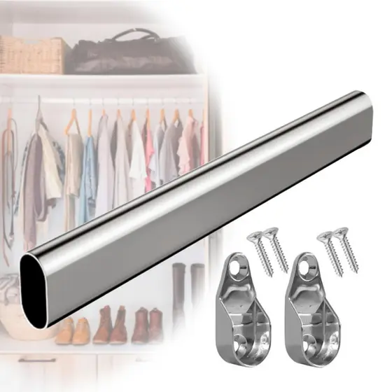 Kit Tubo Cabideiro Oval Oblongo Para Guarda Roupa Cromado Com Suportes