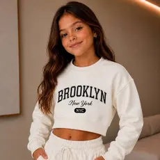 Blusa Cropped Moletom Infantil Feminino Estampado Brooklyn Flanelado Gola Careca Inverno Menina Tamanho 4 A 14
