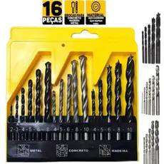 Kit Jogo 16 Brocas Estojo Ferro Concreto Madeira Videa Aço Para Furadeira