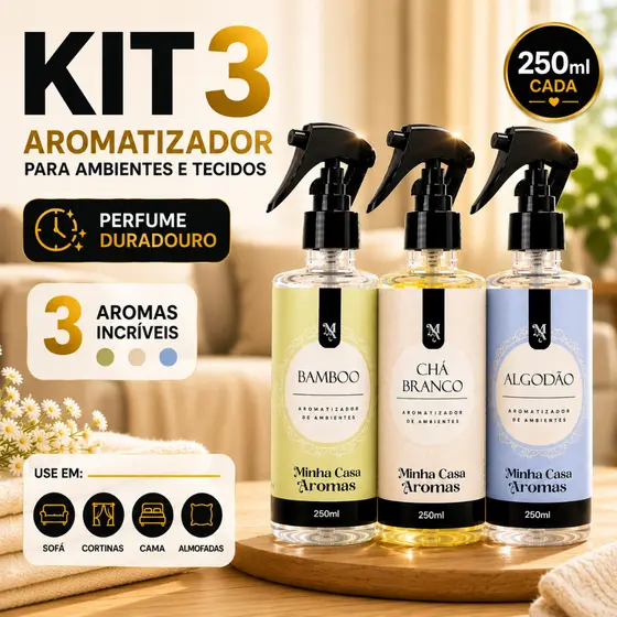 Kit 3 Aromatizador Ambiente E Tecidos 250ml Perfume Duradouro Premium