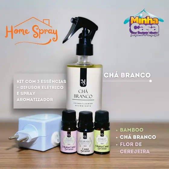 Kit Aromas: 1 Home Spray + 3 Essências + 1 Difusor Elétrico – Vários Aromas Disponíveis