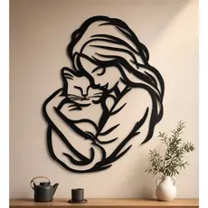 Quadro Escultura de Parede Mãe e Gato MDF 3mm Decoração Quarto Sala Pet Adorno Decorativo com Fita Dupla Face 25x22cm