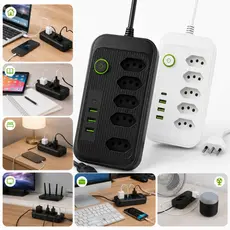 Filtro De Linha 5 Tomadas Extensão Elétrica 3 USB + USB-C Padrão Brasil Com Botão Liga Desliga 2500W Uso Casa Escritório