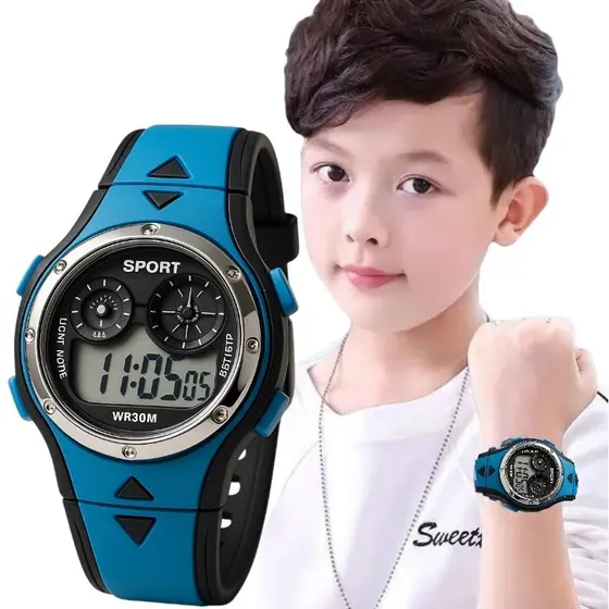 Relógio digital infantil masculino e feminino esportivo com luz LED
