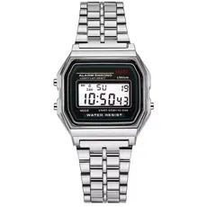 Relógio Retrô Digital Prata LED Unissex Fashion Masculino Feminino Pulseira Inoxidável Alta Qualidade