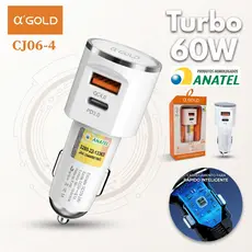 Carregador Veicular Turbo 60W 9.1A USB + Tipo C 2 Portas Carga Rápida 12V/24V Para Android e iPhone