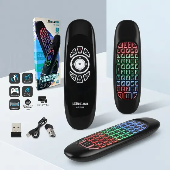 Mini Controle Air Mouse 2.4GHz Sem Fio com Teclado LED para Smart TV Android PC