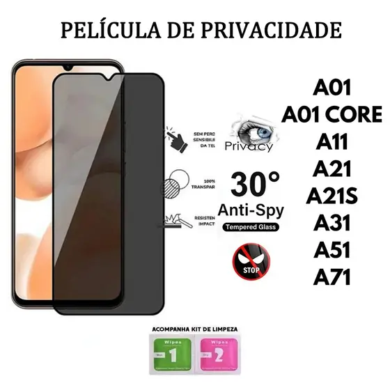 Película De Privacidade 3D Vidro Temperado Anti-Spy Para Samsung A01 A01 CORE A11 A21S A31 A51 A71