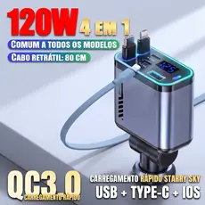 Carregador Veicular 120W Turbo 4 em 1 USB Tipo-C LED RGB Projeção de Estrelas Vermelhas 180° Visor Digital