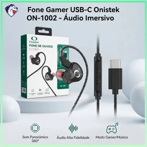 Fone Gamer USB-C com Microfone Som Estéreo Grave Potente Para Celular ON1002 Intra Auricular