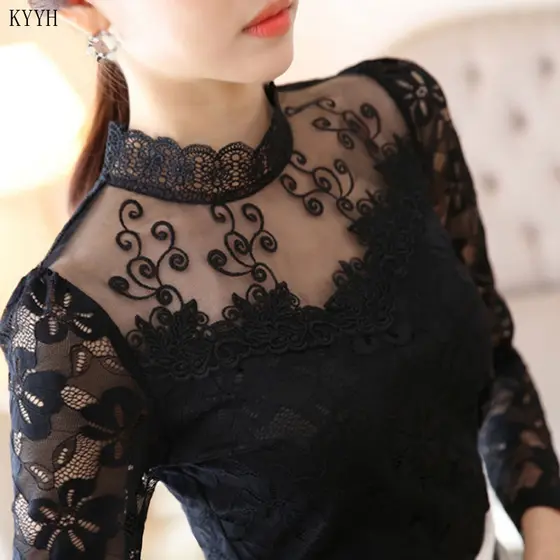 Blusa de Renda Preta Elegante de Manga Longa Estilo Coreano Feminina Nova KKIP