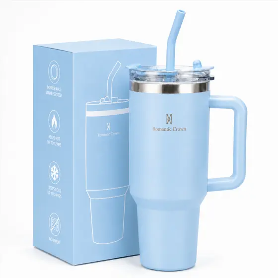 ROMANTIC CROWN Copo Térmico Inox Portátil 600ml/1.2L com Tampa Bico ou Canudo Tumbler Garrafa Térmica