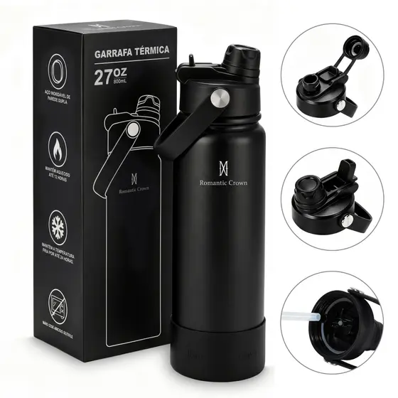ROMANTIC CROWN Garrafa Térmica 800ml Aço Inox 304 com 2 Formas de Beber para Viagem e Esporte