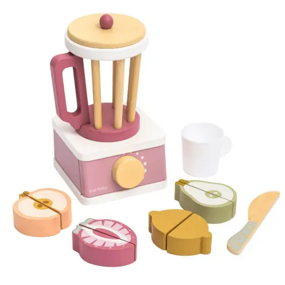 Brinquedo De Madeira Kit Liquidificador Com Frutas e Corte Rosa Büp Baby