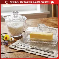 Kit Manteigueira e Açucareiro Meleira Transparente Incolor Acrílico Decorada Mesa Posta Plasútil