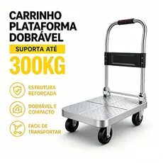 Carrinho 4 Rodas Plataforma de Carga Dobrável 300Kgs Chapa de Aço Reforçada Suporta 300KG Multiuso Compras Praia e Carga