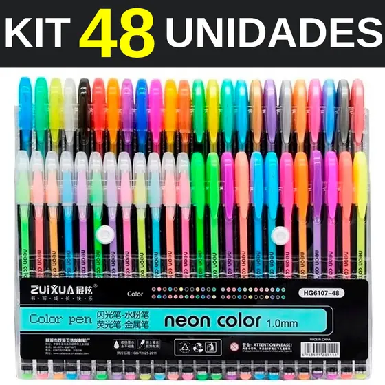 Kit de 48 Canetas Gel Color ColorGel Ink Glitter Pastel Neon Metálico Escolar-Promoção