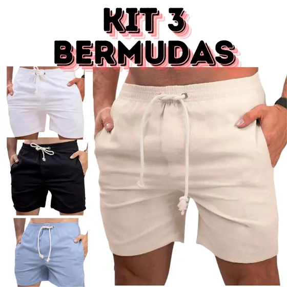 Kit 3 Short de Linho Masculino Mauricinho Premium Bermuda Casual Slim