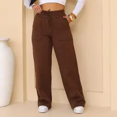 Calça Pantalona Moletom Feminina Flanelada Wide-Leg Cintura Alta Conforto Tendencia Casual