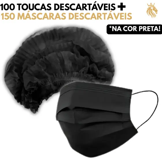 Kit 100 Toucas TNT Preta C/Elástico + 150 Máscara Pretas Descartáveis TNT Tripla Camada