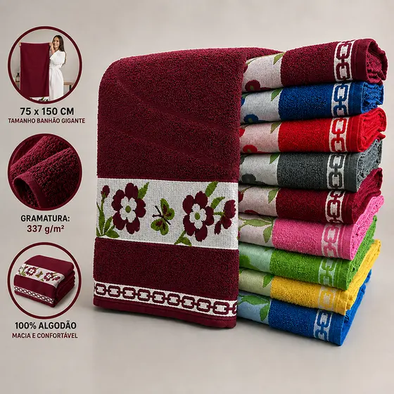 Kit 4 Toalhas De Banho Grande Gigante Macia 75 x 150 cm 100% Algodão Alta Absorção Paris