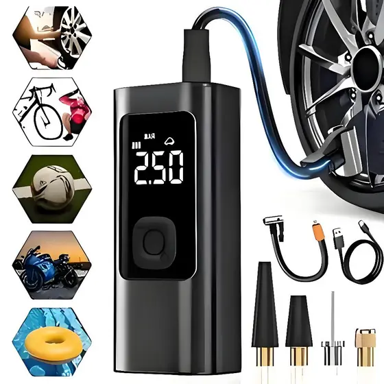 Bomba de Ar Elétrica 12V Compressor Portátil para Pneus de Carro, Moto, Bicicleta e Acessórios -M6