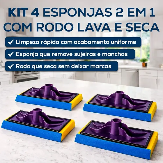 Kit 4 Esponja Limpa Vidro Multiuso 2 Funcoes Lava E Seca Com Rodo Amarelo