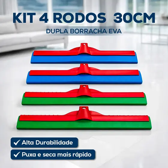 KIT 4 RODO PEQUENO 30 CM DUPLA BORRACHA EVA PUXA E SECA