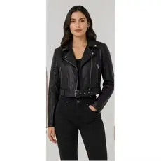 Jaqueta Feminina Couro Sintético Zíper na Manga Elegante Casual 001