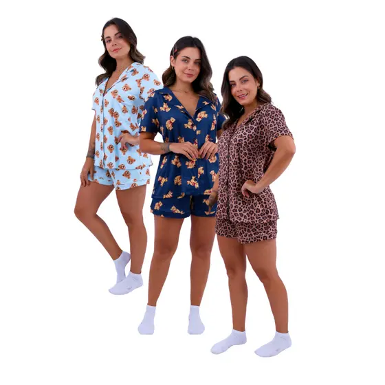 Pijama Aberto Estilo Americano Curto Gestante/Amamentação, Blogueira, Botões, Pós Cirúrgico (P ao G3) Plus Size Suede