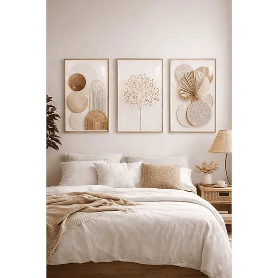 Kit 3 Quadros Decorativos Abstratos Geométricos Boho Neutro Carvalho