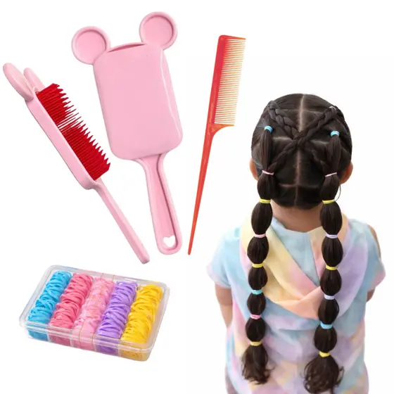 Kit Penteado Infantil 100 Elásticos | Escova Raquete | Pente Fino