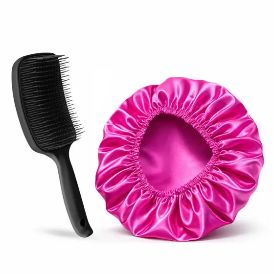 Kit Escova Raquete + Touca de Cetim Antifrizz Desembaraça e Protege os Cabelos | Cores Sortidas