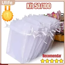 Kit 50/100 Un Saco Saquinho Organza Tule Saquinho 7x9 9x12 10x15 Branco Festa Casamento-UF