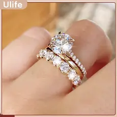 Anel Elegante E Luxuoso De Três Conjuntos Com Cinco Garras Incrustadas Para Mulheres KIT3