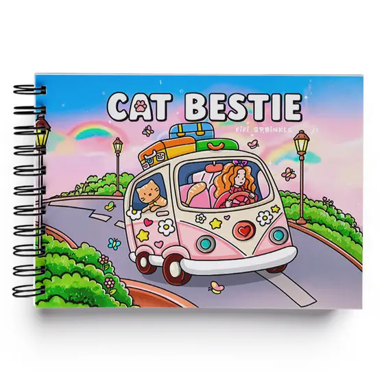 Livro de Colorir Cat Bestie Cute A5 com 46 Páginas Desenhos Fofos de Viagem, Gatinhos e Aventuras