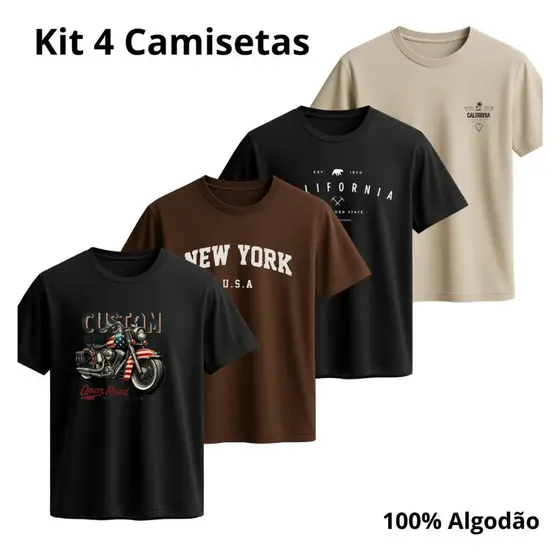 Camiseta New York Algodão Unissex Kit com 4 Blusas R Distribuidora
