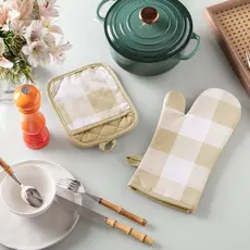 Kit Luva e Pegador Kitchen Para Forno e Panela Xadrez Bege - Jolitex