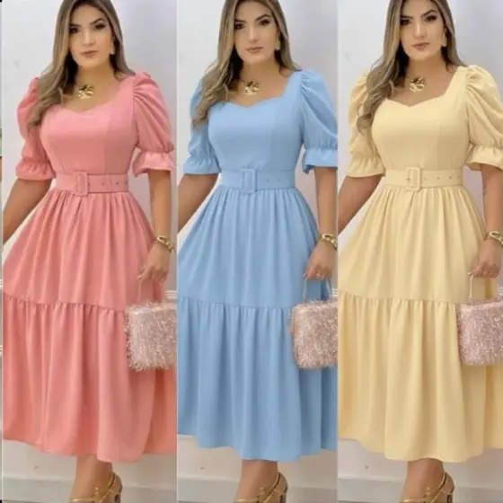 Vestido Midi, com cinto forrado, moda princesa