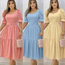 Vestido Midi, com cinto forrado, moda princesa