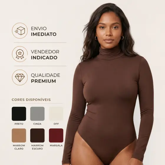 Body Gola Alta Feminino Manga Longa | Suplex Premium Segunda Pele, Conforto Moda Inverno Bory Maio