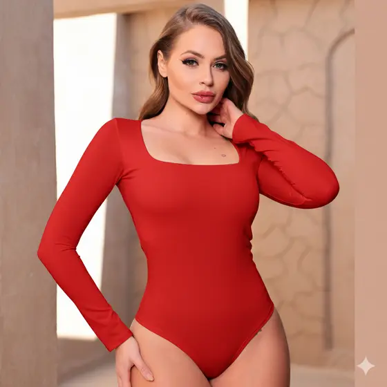 Body Feminino Suplex com Forro Decote Quadrado Manga Longa Look Natal e Festas
