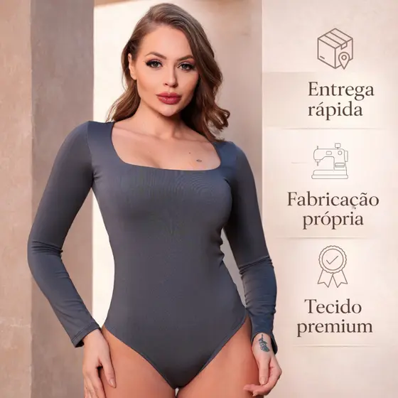 Body Feminino Suplex Forrado Inverno Manga Longa Gola Quadrada Modeladora Collant Bore