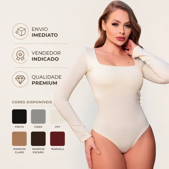 Body Casual Feminino Decote quadrado Manga Longa