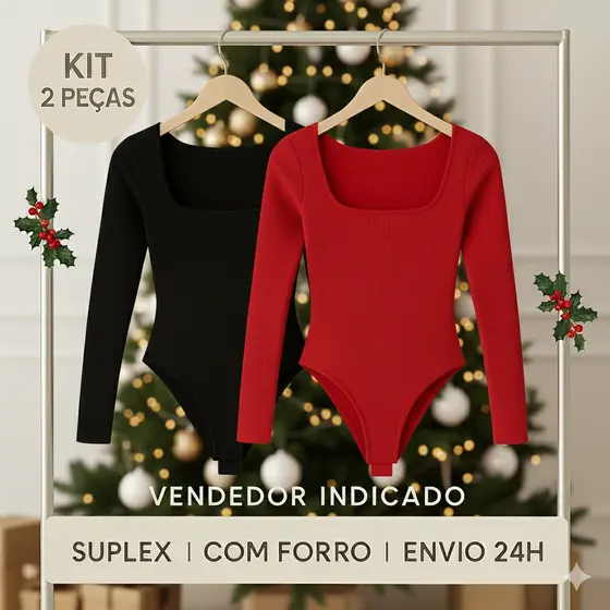 Kit 2 Bodys Femininos Suplex com Forro | Decote Quadrado | Envio Rápido | Look Natal