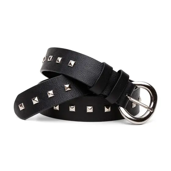 Cinto Feminino Carina Couro Legitimo Vittal Preto Com Spikes Piramides Em Metal