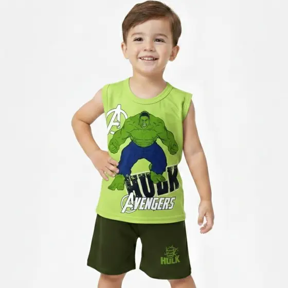Conjunto Infantil Camisa + Bermuda Fantasia Hulk Menino Festa Presente