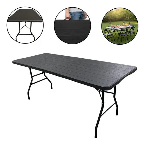 Mesa Camping Dobrável Portátil Vira Maleta 1,80x0,73m Estampa Madeira Churrasco Piquenique
